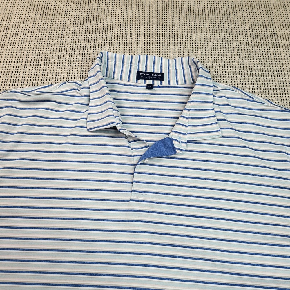 Peter Millar Crown Sport Polo Shirt Mens‎ 2XL Blue Striped Golf Short Sleeve